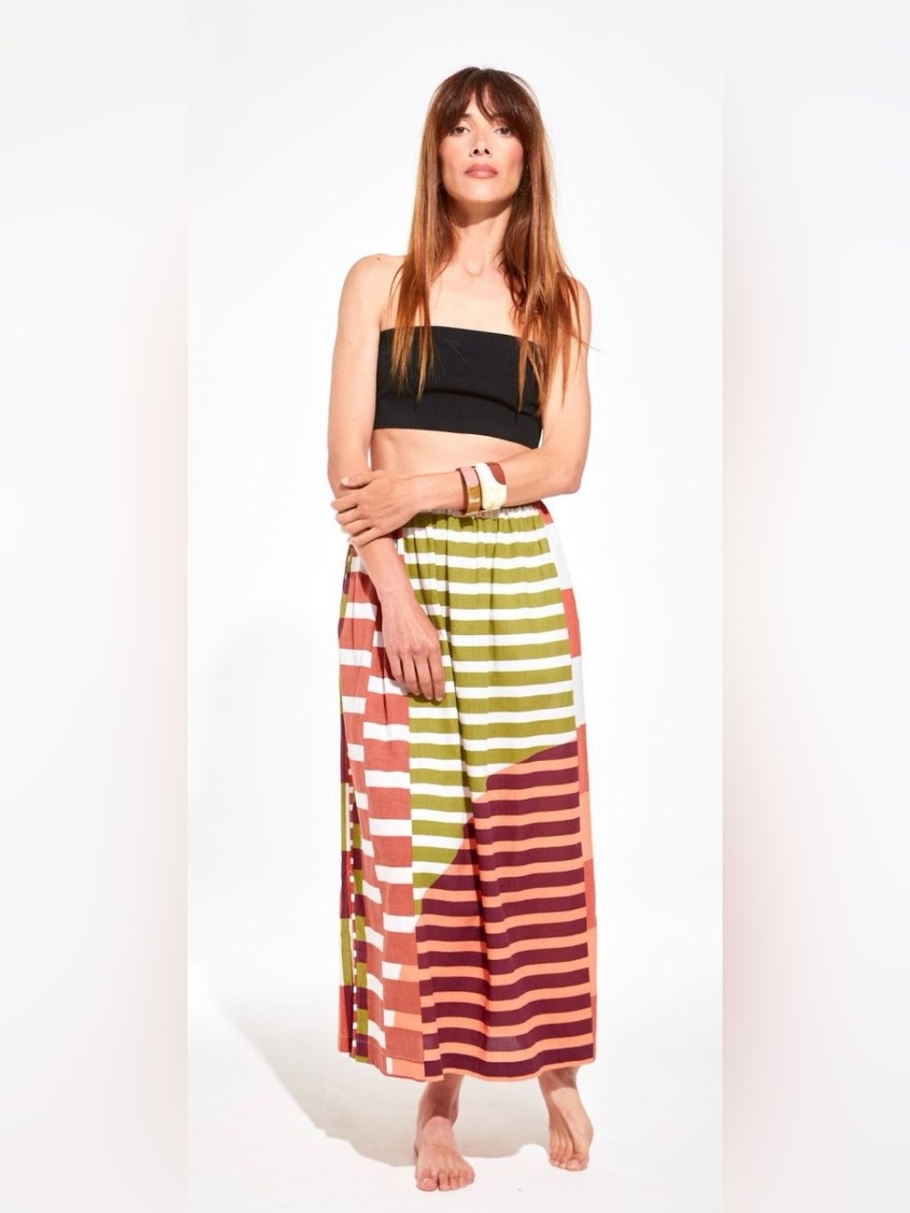 Colorblock Striped Maxi Skirt in Olive, Rust & Cream by Mapoesie